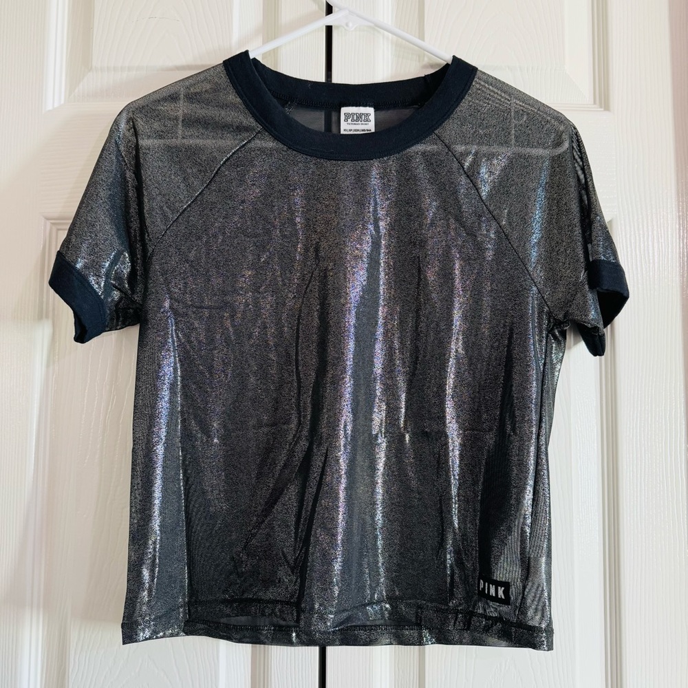 VICTORIAS SECRET PINK MESH TEE PURE BLACK SHINE - XS